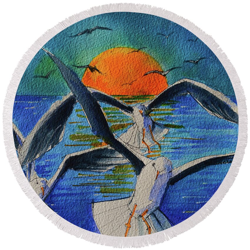 Sunset Round Beach Towel featuring the painting SEAGULLS IN FLIGHT commissioned watercolor painting Mona Edulesco by Mona Edulesco
