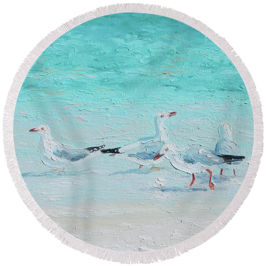 Seagulls Round Beach Towel featuring the painting Seagulls, meeting of minds by Jan Matson