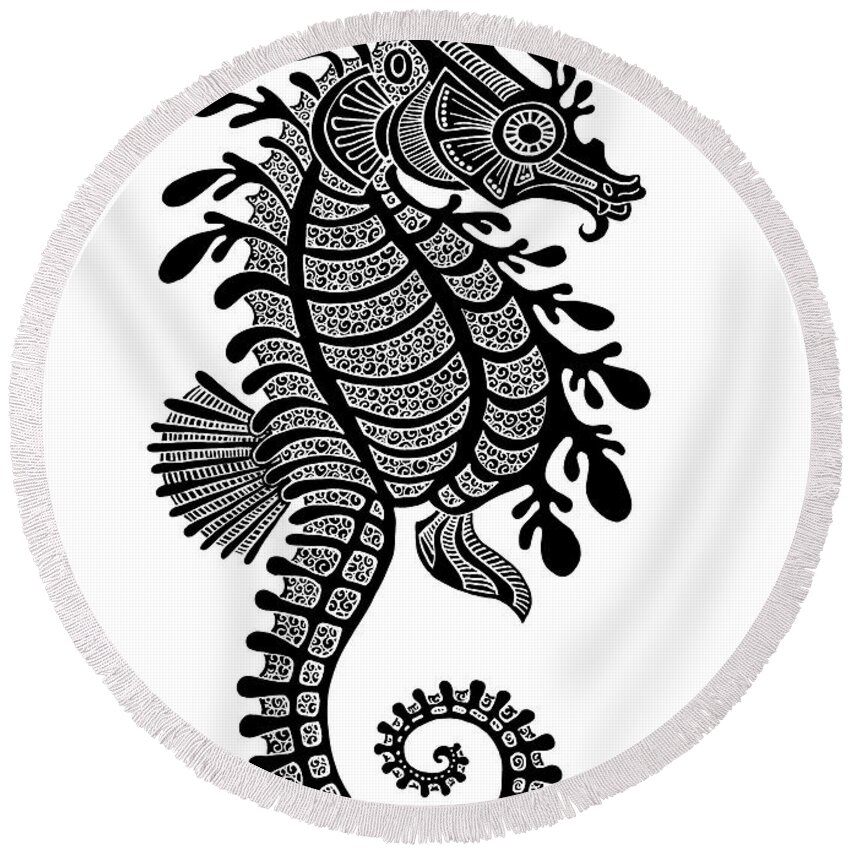 Seahorse Round Beach Towel featuring the drawing Seahorse Ink 1 by Amy E Fraser