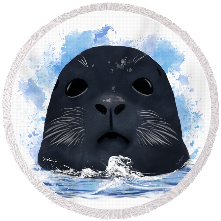 Seal Round Beach Towel featuring the painting Seal in the sea by Renate Janssen