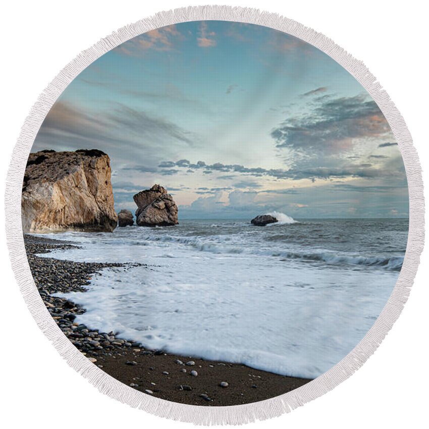 Sea Waves Round Beach Towel featuring the photograph Seascape with windy waves and moody sky during sunset by Michalakis Ppalis