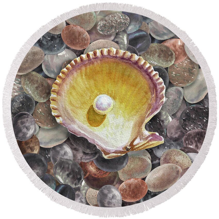 Seashell Round Beach Towel featuring the painting Seashell And Pearl On The Beach Rocks Pebbles Watercolor by Irina Sztukowski