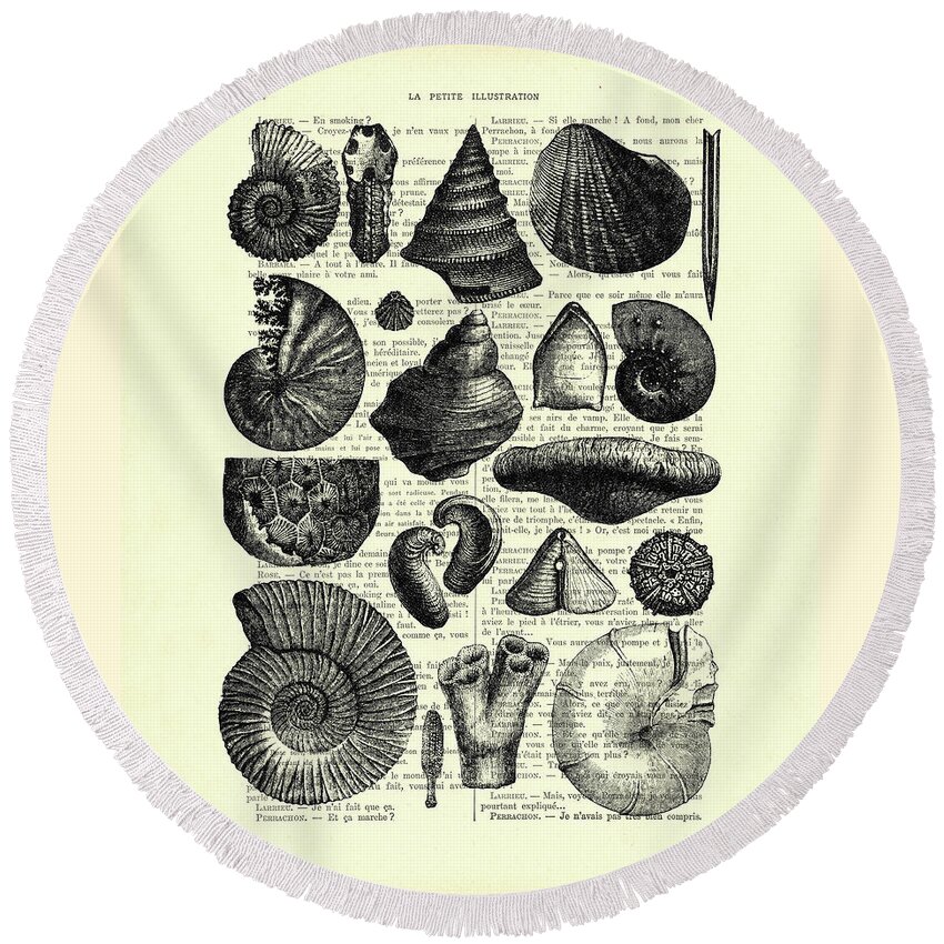 Seashell Round Beach Towel featuring the digital art Seashell collection in black and white by Madame Memento