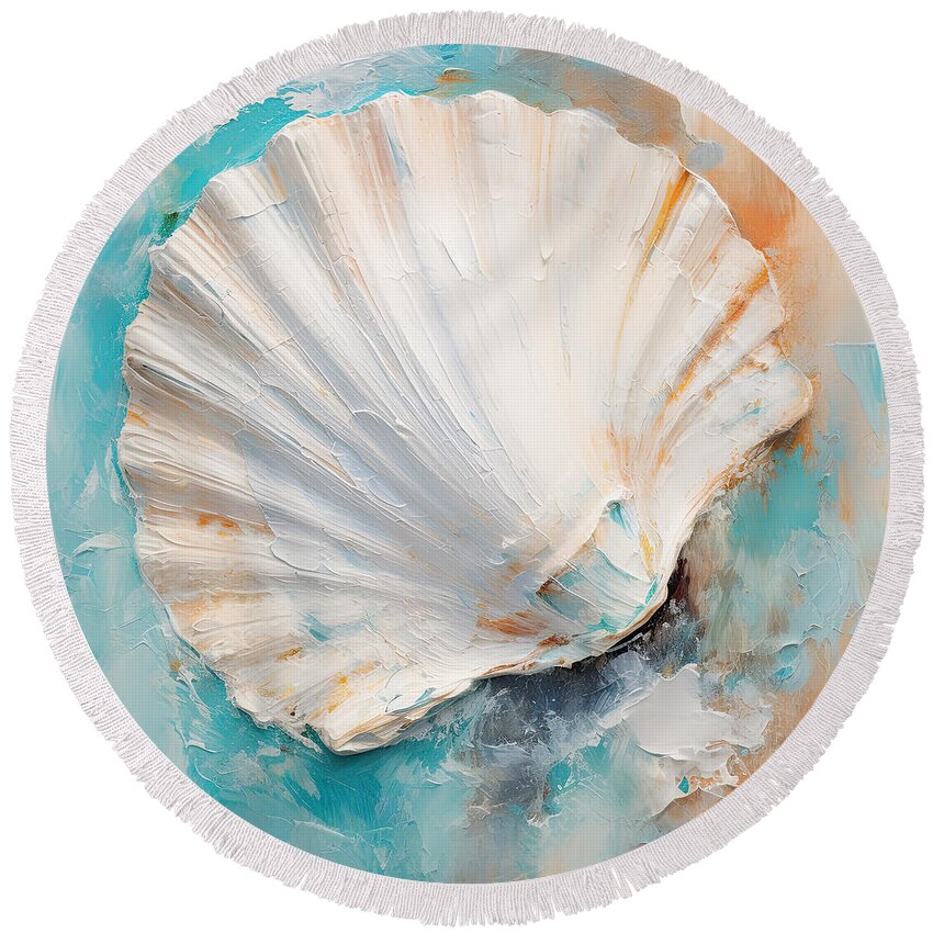 Seashell Round Beach Towel featuring the digital art Seashell Spell - Shades of Turquoise Paintings by Lourry Legarde