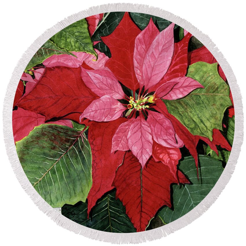 Red Poinsettia Round Beach Towel featuring the painting Seasonal Scarlet -New by Barbara Jewell