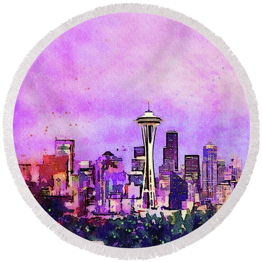 Seattle Round Beach Towel featuring the digital art Seattle City Skyline at Dawn Watercolor Painting by Shelli Fitzpatrick