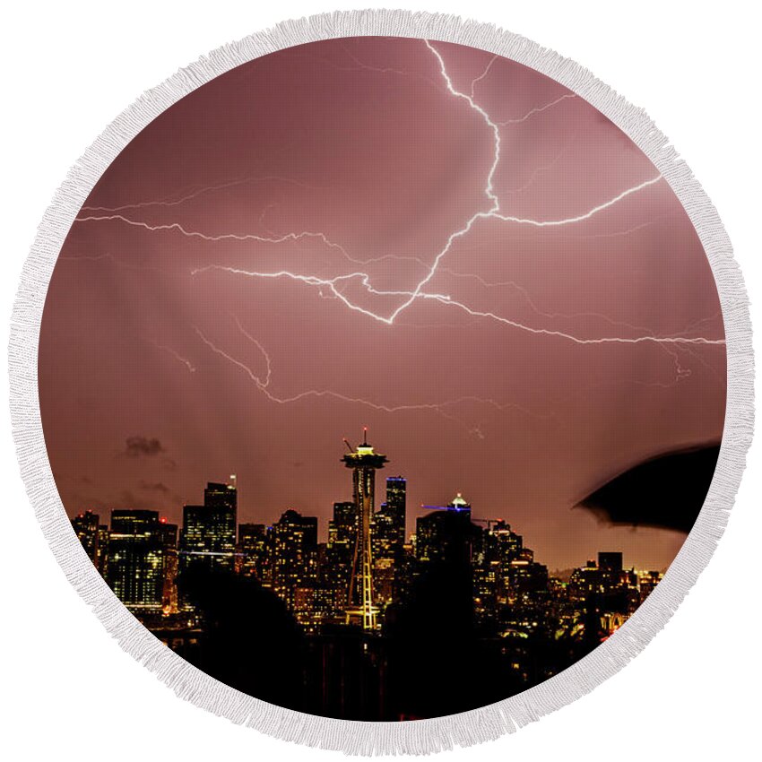 Kerry Park Round Beach Towel featuring the photograph Seattle Lightning Storm by Yoshiki Nakamura