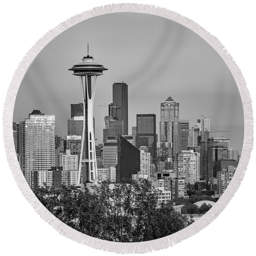 3scape Round Beach Towel featuring the photograph Seattle Skyline and Mt. Rainier Panoramic Black and White by Adam Romanowicz