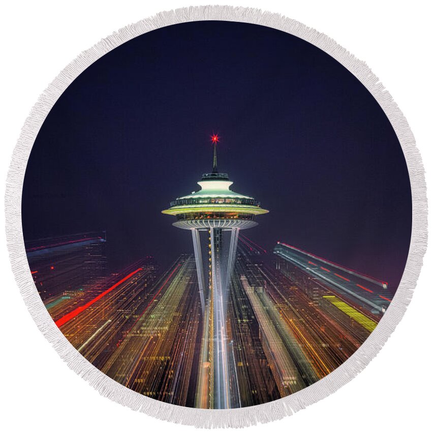 Space Needle Round Beach Towel featuring the photograph Seattle Space needle 002 by Mike Penney