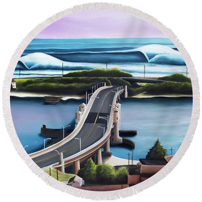 Landscape Round Beach Towel featuring the painting SeBright/highlands bridge 2021 by Ronnie Jackson