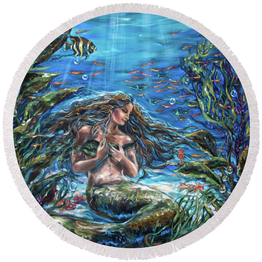 Mermaid Round Beach Towel featuring the painting Secret Garden in the Sea by Linda Olsen