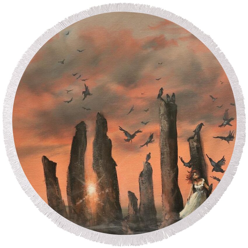 Callanish Stones Round Beach Towel featuring the painting Secret of the Stones by Tom Shropshire