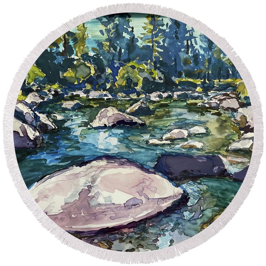 Yellowstone Park Round Beach Towel featuring the painting Secret Spot in Yellowstone Park by Les Herman