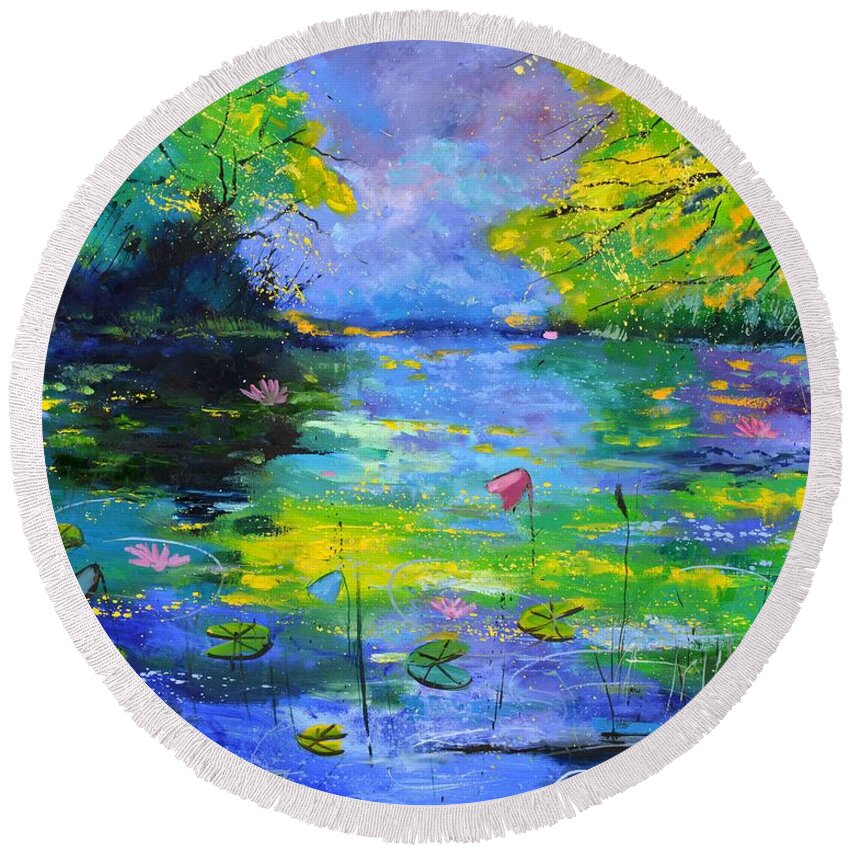 Landscape Round Beach Towel featuring the painting Secret waters by Pol Ledent
