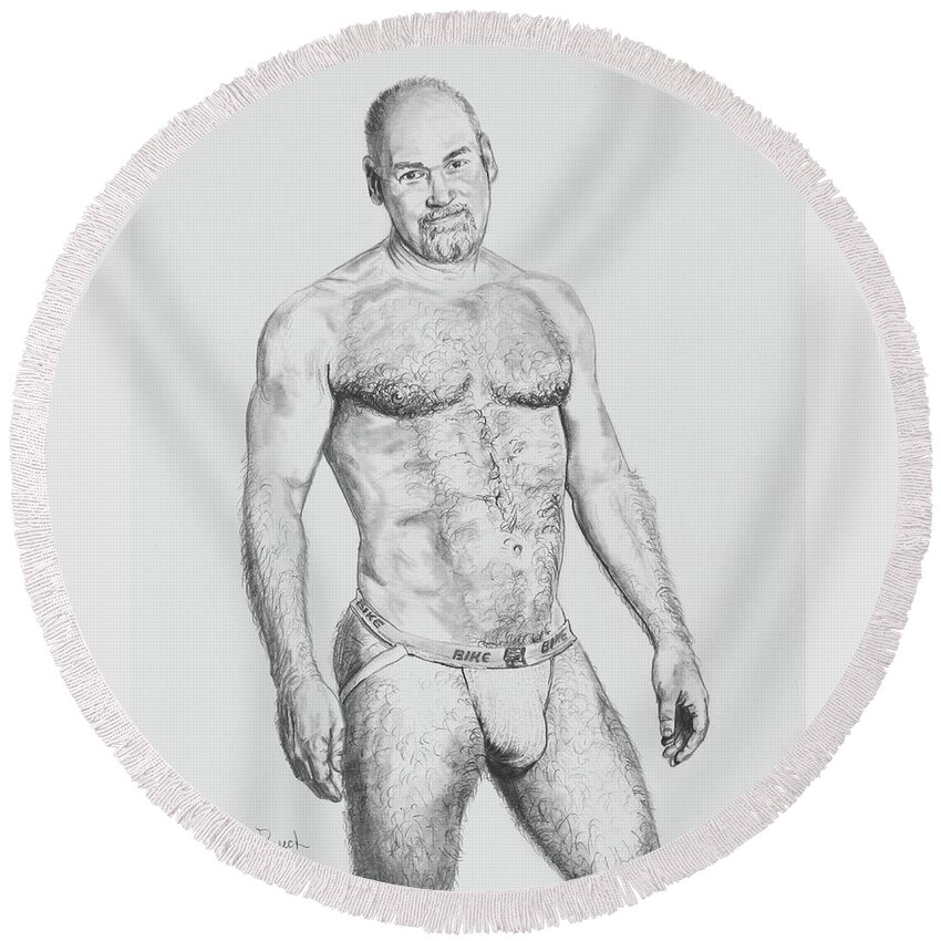 Portrait Round Beach Towel featuring the drawing Self Portrait In Jock by Marc DeBauch