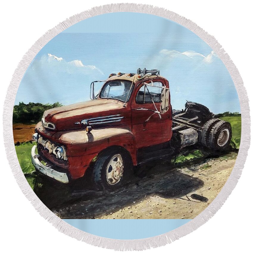 Ford Truck Round Beach Towel featuring the painting Semi-Retired by William Brody