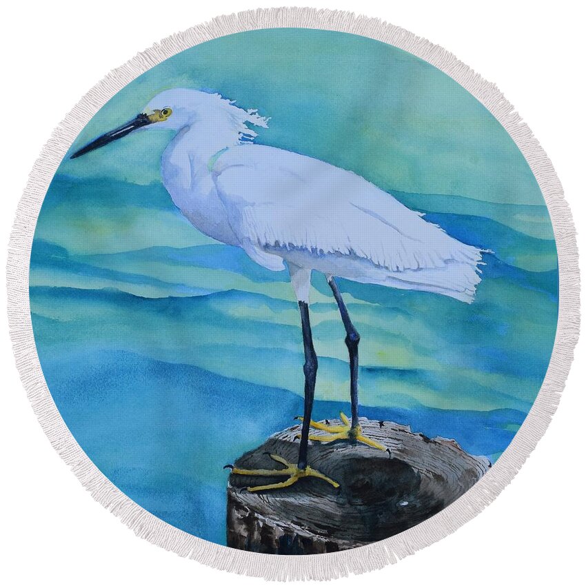 Egret Round Beach Towel featuring the painting Sentinel by Celene Terry