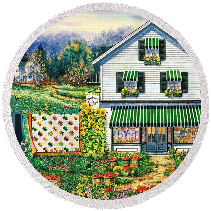 Country Store Awnings Round Beach Towel featuring the painting September Gold by Diane Phalen