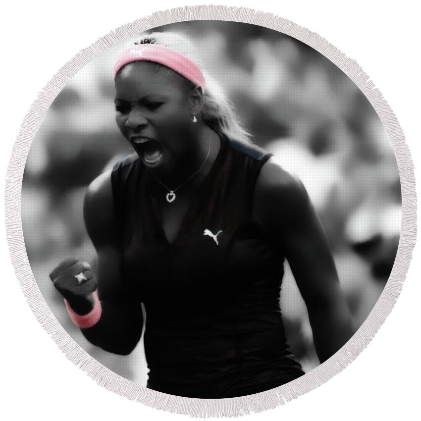Serena Williams Round Beach Towel featuring the mixed media Serena Williams Ace by Brian Reaves
