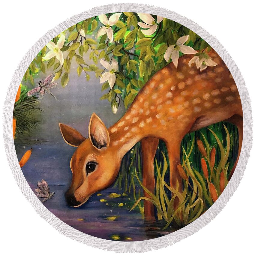 Deer Round Beach Towel featuring the painting Serenity by Barbara Landry