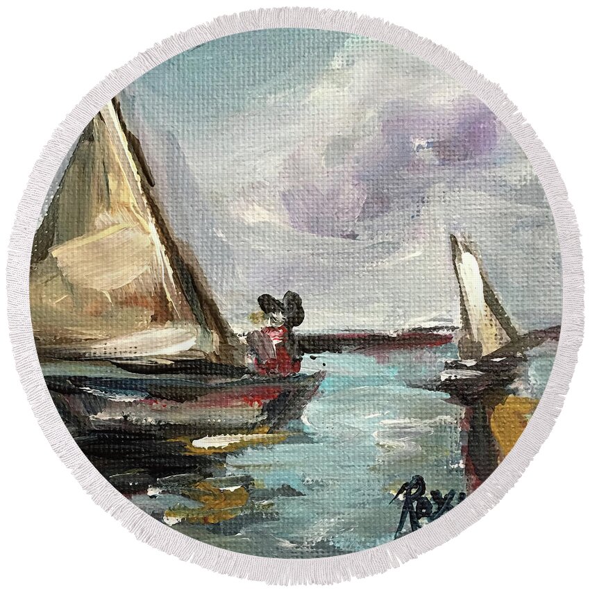 Sailboat Painting Round Beach Towel featuring the painting Serenity Sail by Roxy Rich