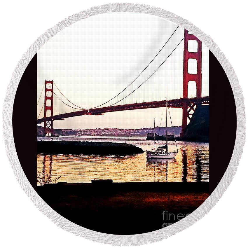 Golden Gate Bridge Round Beach Towel featuring the painting SF Fog Meets October Sunset by Artist Linda Marie