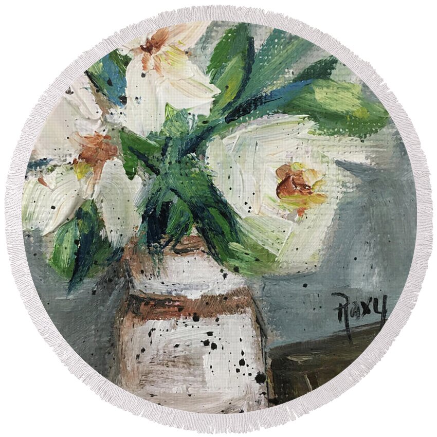 Gardenias Round Beach Towel featuring the painting Shabby Gardenias in a Jug by Roxy Rich