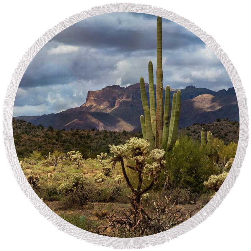 The Superstition Mountains Round Beach Towel featuring the photograph Shadow Play In The Supes by Saija Lehtonen
