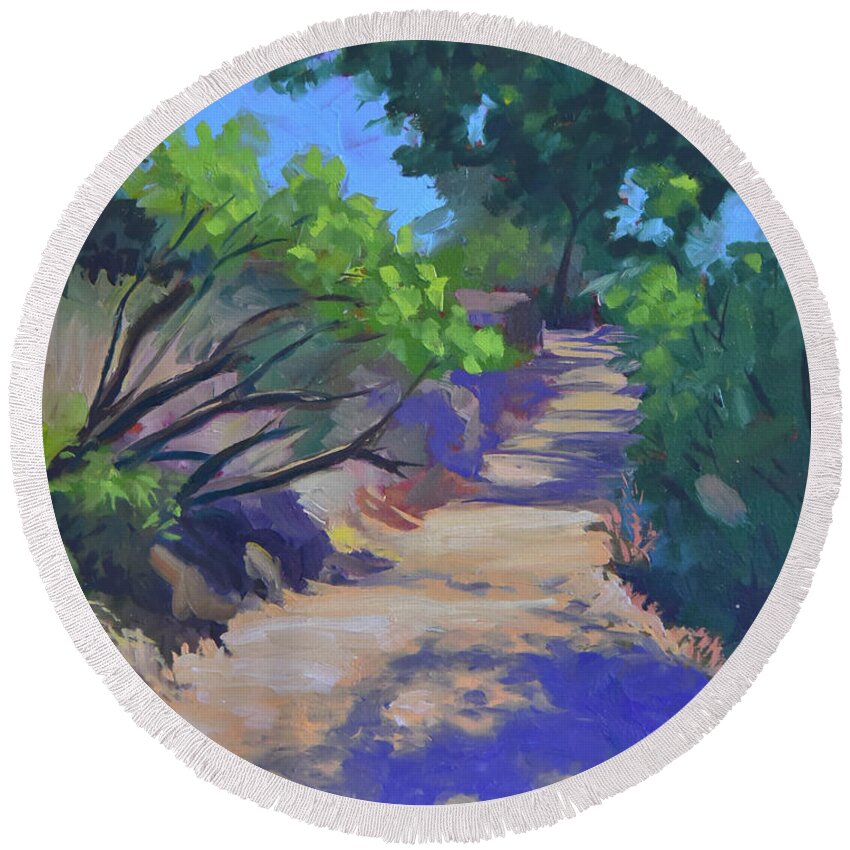 Path Round Beach Towel featuring the painting Shady Path by Alice Leggett