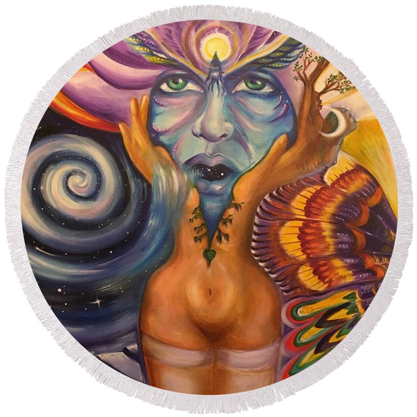 Face Masks Round Beach Towel featuring the painting Shaman Breathing The Universe by Sofanya White
