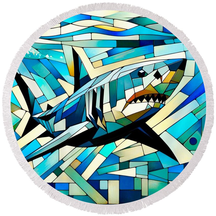 Shark Round Beach Towel featuring the painting Shark by Emeka Okoro