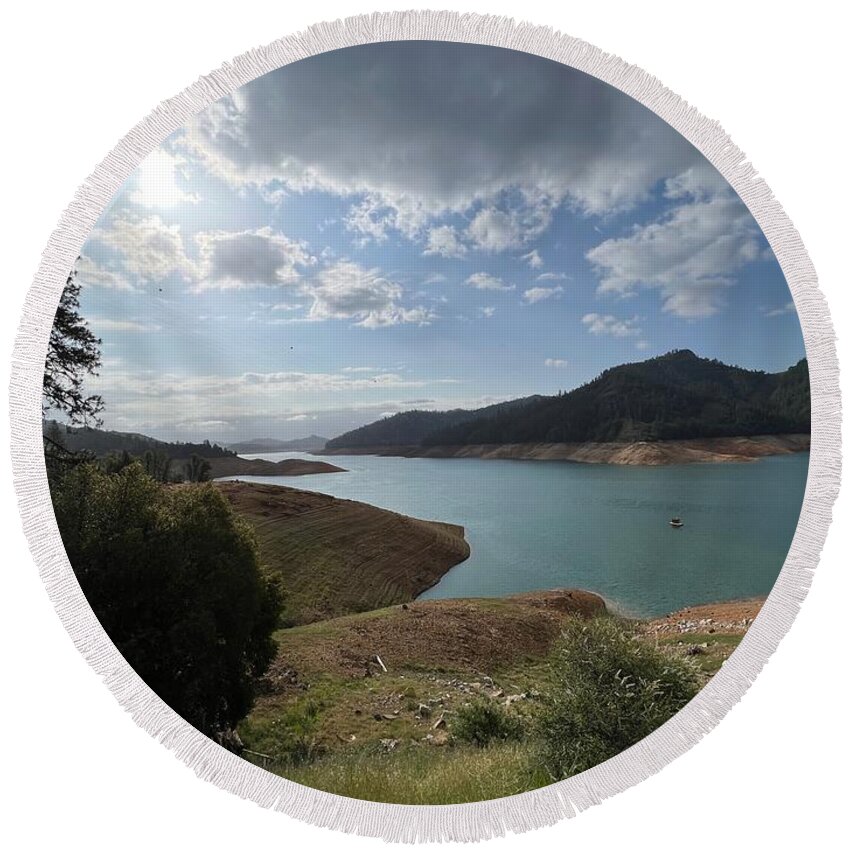 Shasta Lake Round Beach Towel featuring the photograph Shasta Lake in April by Bonnie Bruno