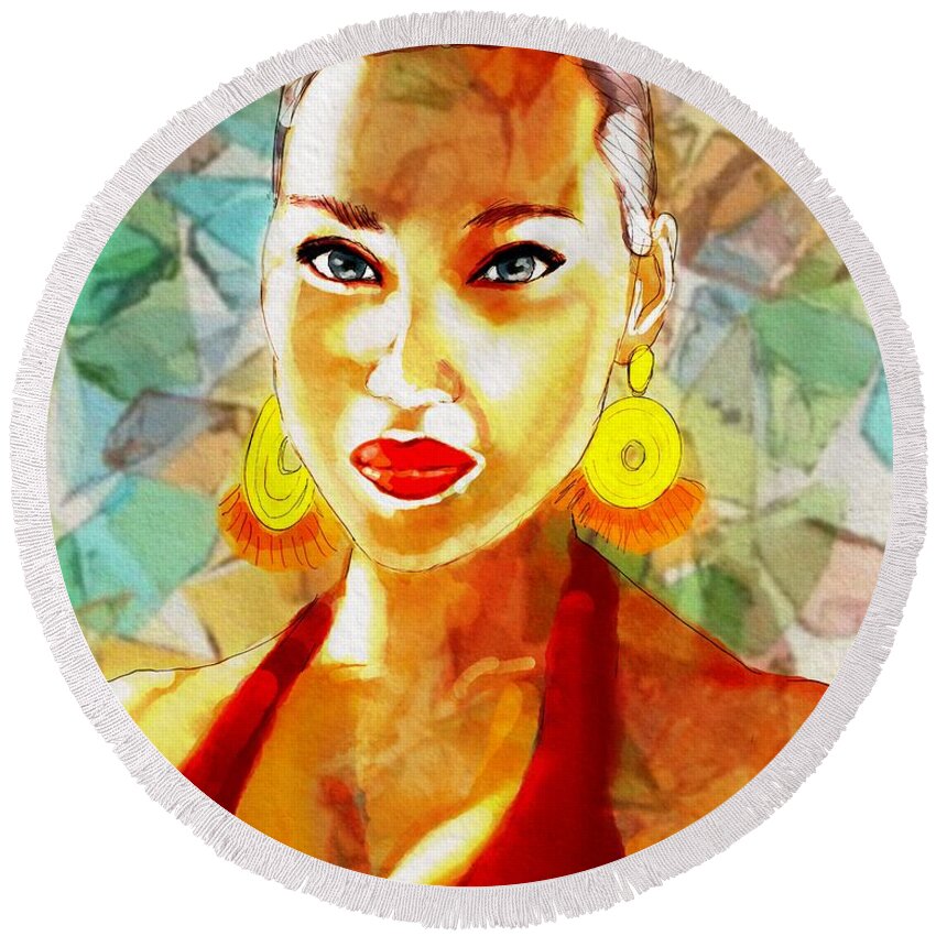 Portrait Round Beach Towel featuring the digital art She Is The Sun by Michael Kallstrom