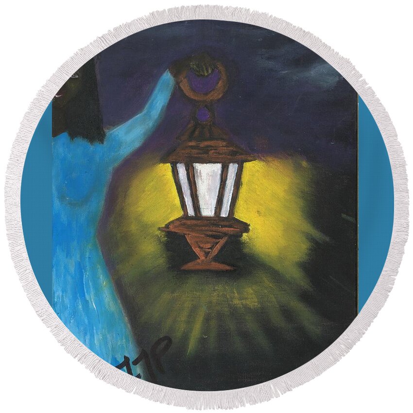 Guide Round Beach Towel featuring the painting She Lights The Way by Esoteric Gardens KN