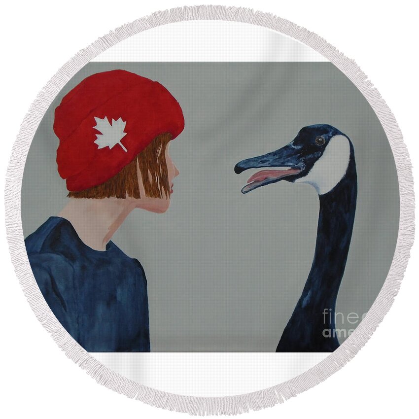 Canada Round Beach Towel featuring the painting She Toque A Gander by Georgia Donovan