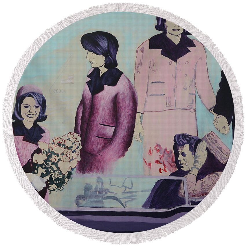 Jackie Kennedy Round Beach Towel featuring the painting She was Someone You'd Never Forget. He was Magnetic, Charismatic, and Flawed by Cecilie Rose