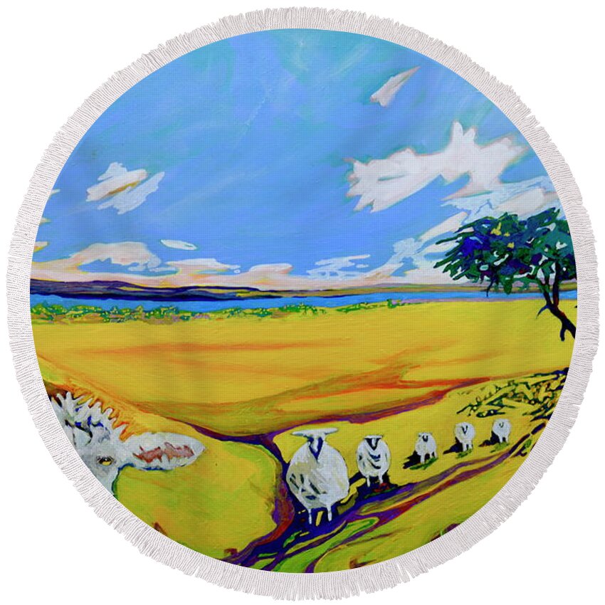 Sheep Round Beach Towel featuring the painting Sheep Coming Home by Marysue Ryan