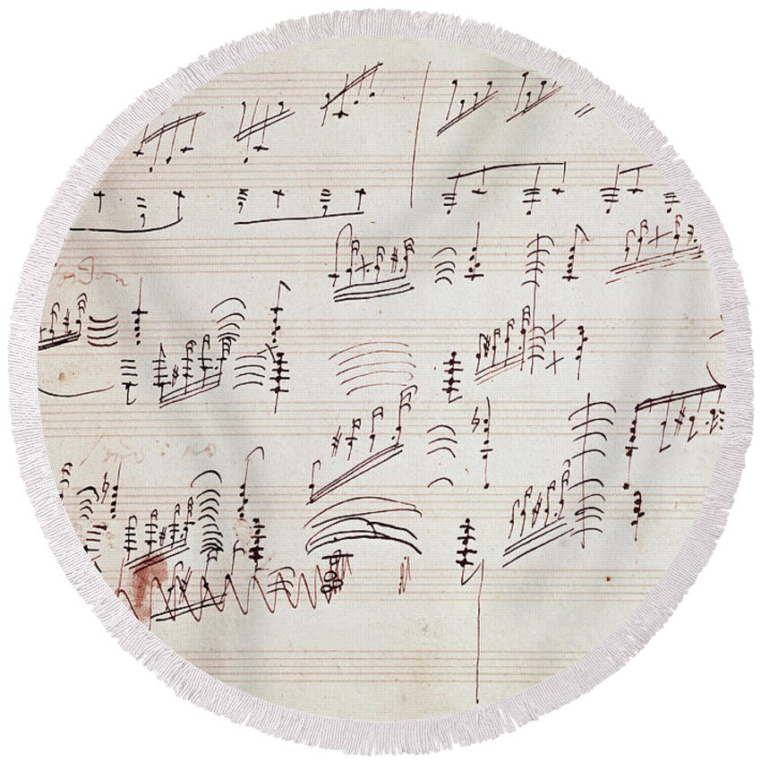Beethoven Round Beach Towel featuring the drawing Sheet music for the Moonlight Sonata by Beethoven by Beethoven