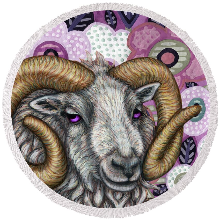 Ram Round Beach Towel featuring the painting Shetland Ram Floral by Amy E Fraser