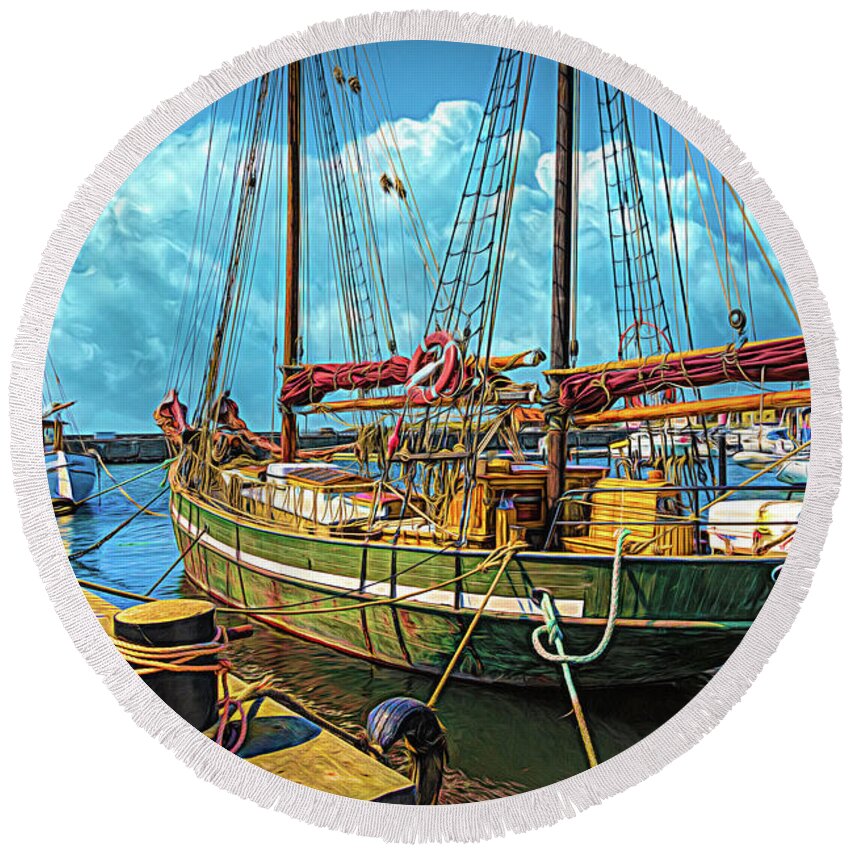 Boats Round Beach Towel featuring the photograph Ships in the Harbor Oil Painting by Debra and Dave Vanderlaan