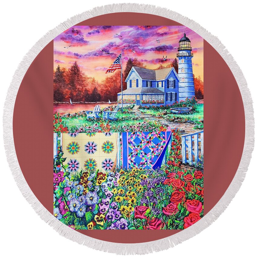 Lighthouse Round Beach Towel featuring the painting Shoreline Treasures by Diane Phalen