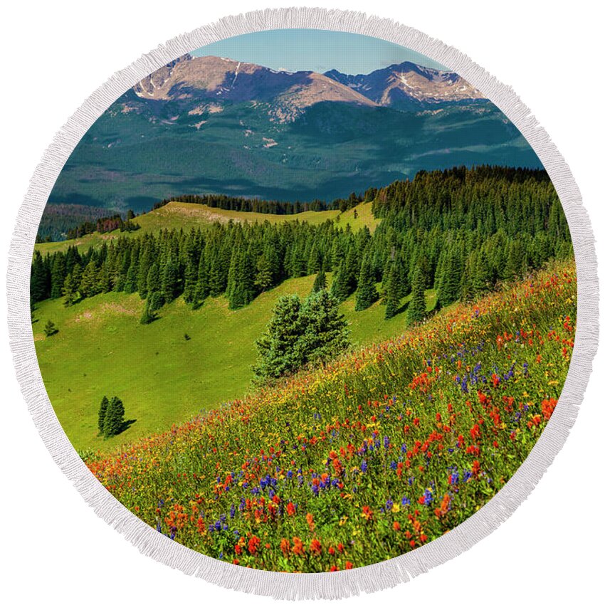 Mountains Round Beach Towel featuring the photograph Shrine Pass View of the Mount of the Holy Cross by Fred J Lord