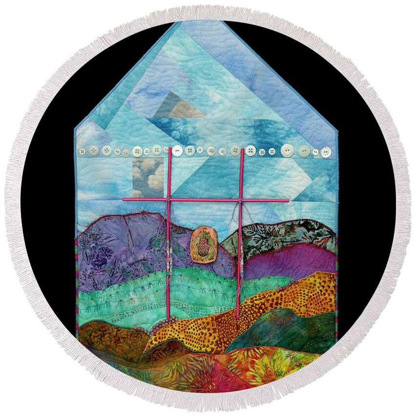 Shrine To Land And Sky Round Beach Towel featuring the mixed media Shrine to Land and Sky 1 by Vivian Aumond