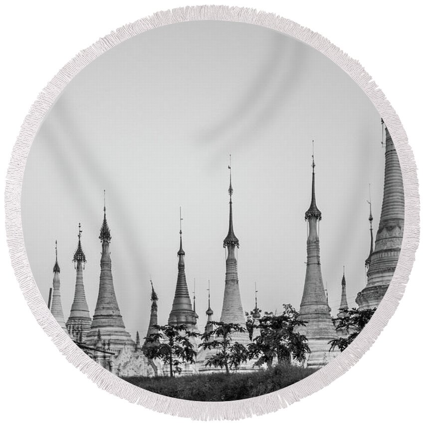 Shwe Indein Round Beach Towel featuring the photograph Shwe Indein Pagoda by Arj Munoz