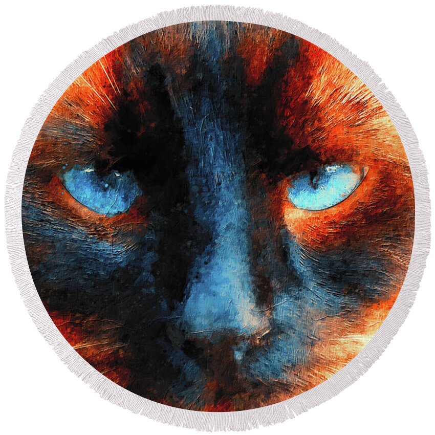 Siamese Cat Round Beach Towel featuring the digital art Siamese cat face close-up - blue and orange digital painting by Nicko Prints