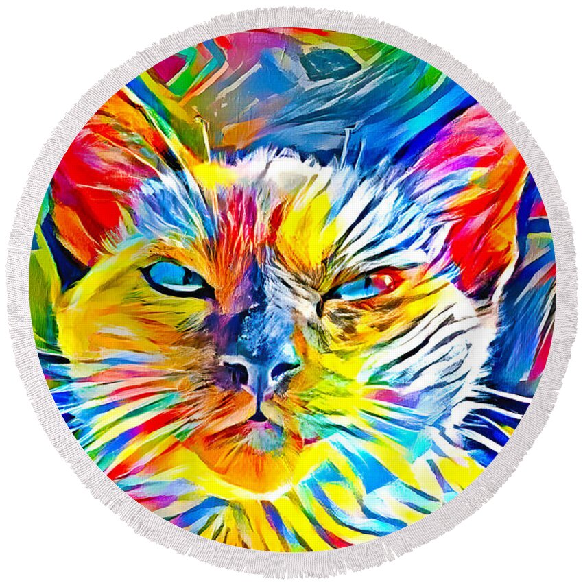 Siamese Cat Round Beach Towel featuring the digital art Siamese cat face in the sun - colorful zebra pattern painting by Nicko Prints