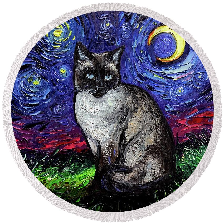 Siamese Cat Round Beach Towel featuring the painting Siamese Night by Aja Trier