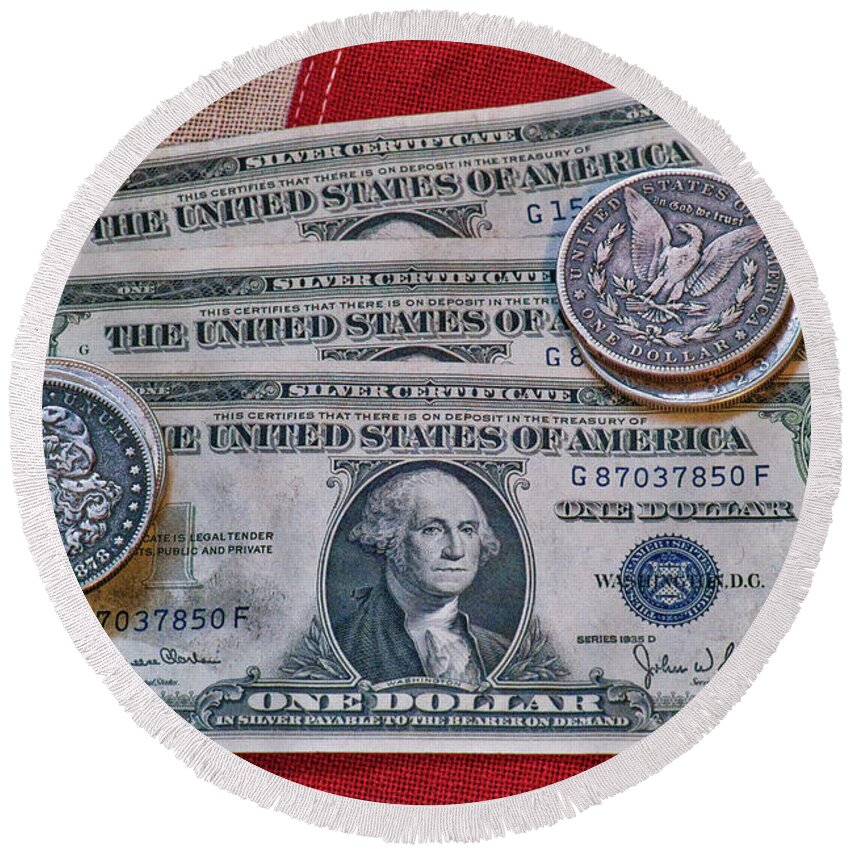 Silver Certificate And Silver Dollars On Flag Round Beach Towel featuring the photograph Silver Certificate and Silver Dollars on Flag by Randy Steele