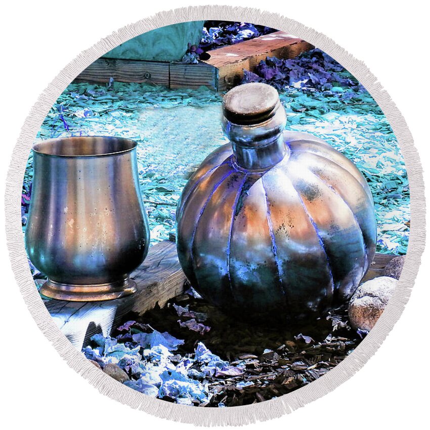 Color Round Beach Towel featuring the photograph Silver Chalice And Jug Blue by Andrew Lawrence