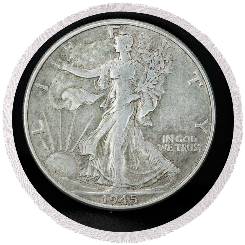 Silver Coin Round Beach Towel featuring the photograph Silver Coins 1945 Walking Liberty Half Dollar Face by Amelia Pearn